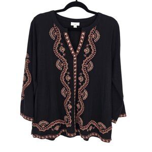 J jill womens size Medium black boho v neck 3 quarter sleeve embroidered top
